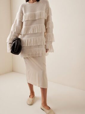 Fringe-Trim Crewneck Sweater in Cream